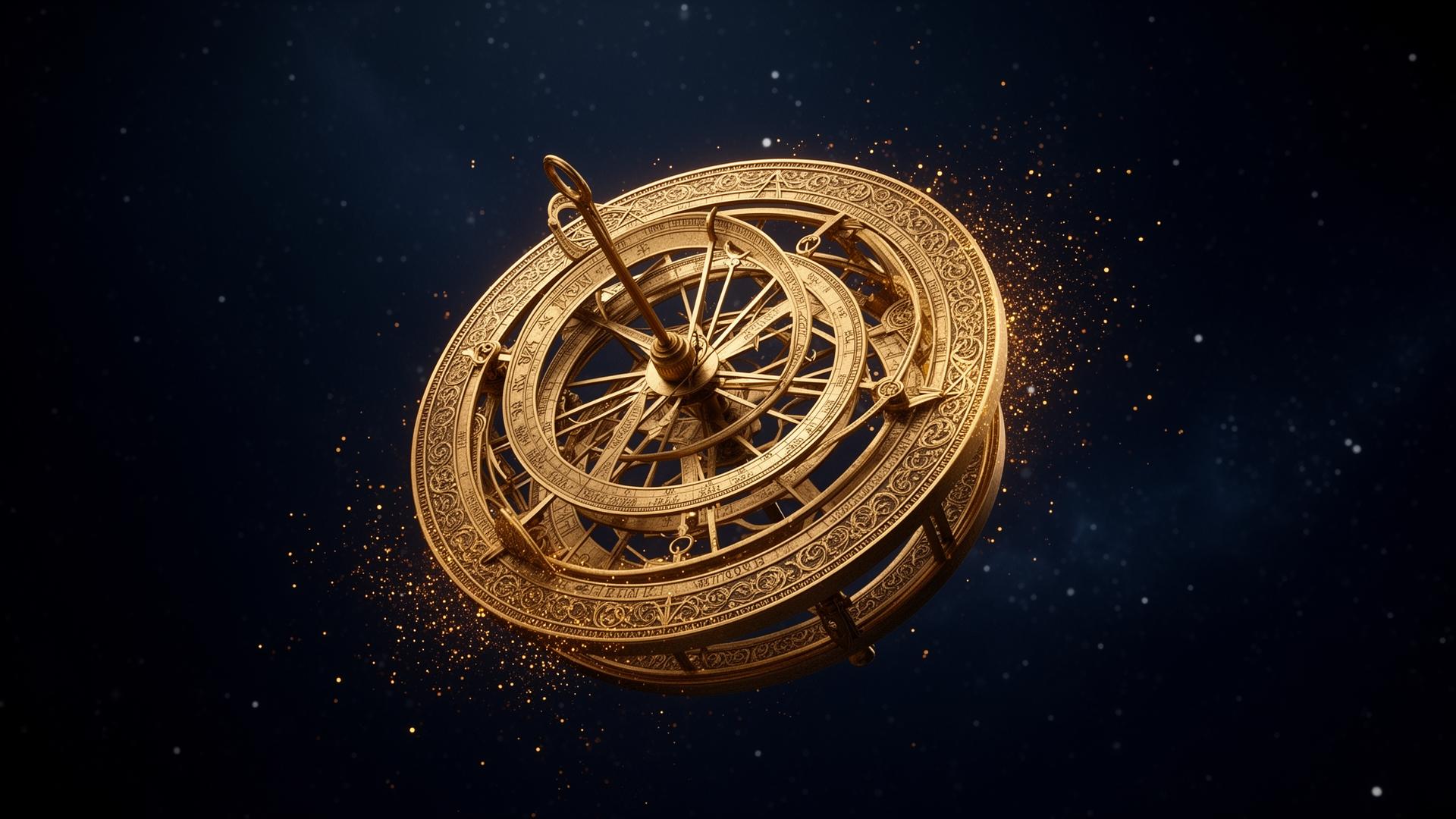 Astrolábio dourado flutuando no cosmos
